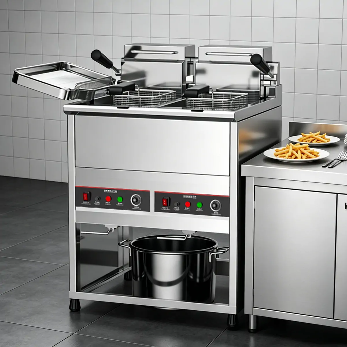 Commercial deep fryer used in restaurant kitchen cooking fries and chicken