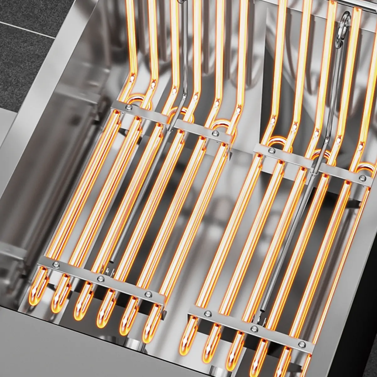 Heating element inside EF002-B commercial electric deep fryer with deep cold zone design