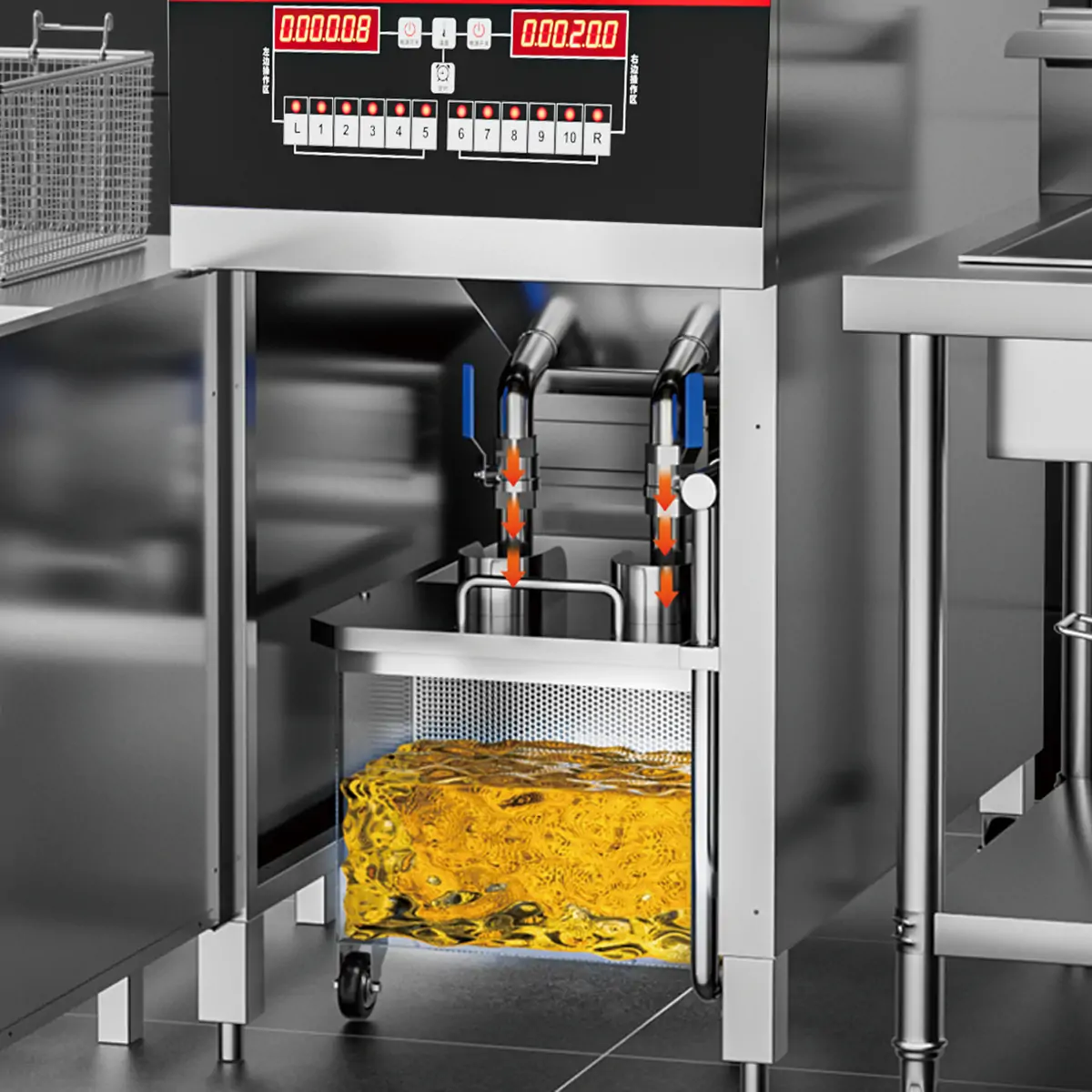 Automatic oil filtration and return process inside commercial deep fryer