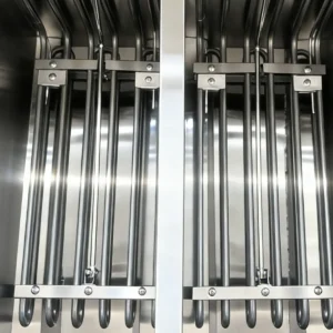 Dual heating element inside commercial electric deep fryer with deep cold zone