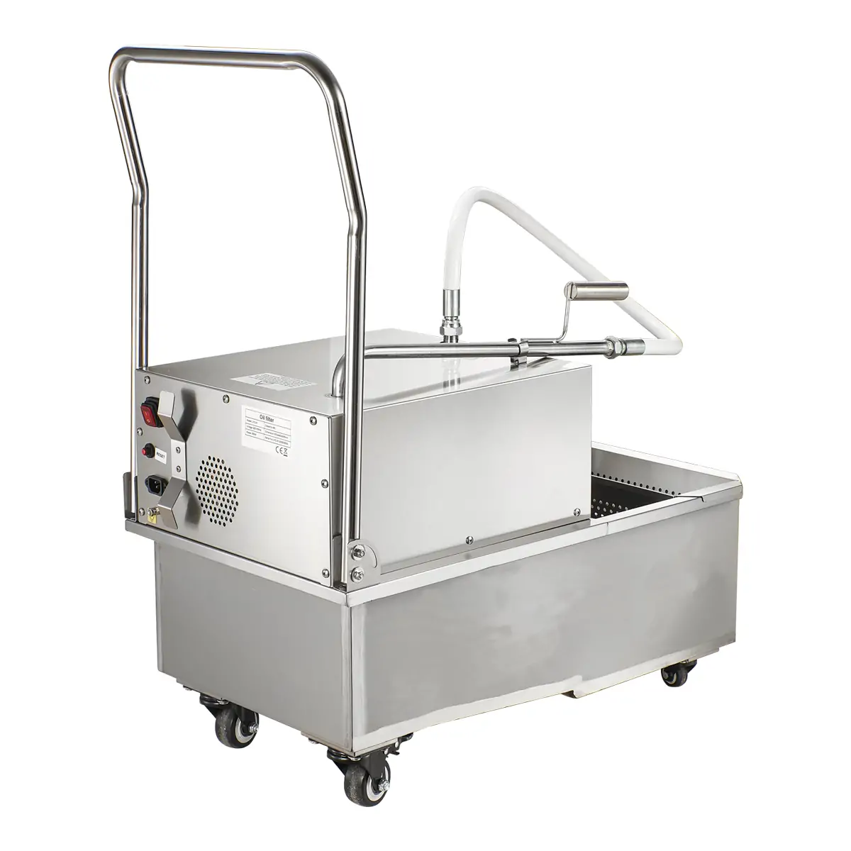 Back view of mobile fryer oil filter machine stainless steel structure