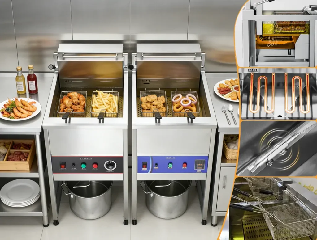 Restaurant deep fryer temperature control comparison between low cost fryer system and industrial commercial electric fryer manufacturer system showing temperature stability differences