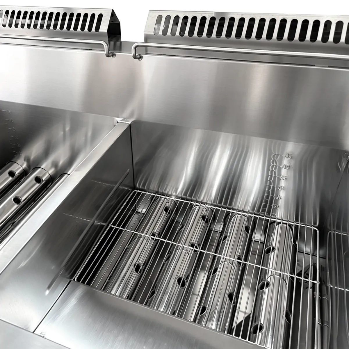 HW RQ WG003 double commercial deep fryer manufacturer oil level markings and food debris divider