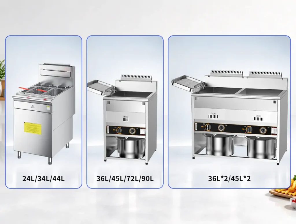 floor standing commercial gas fryer manufacturer in China in a professional restaurant kitchen