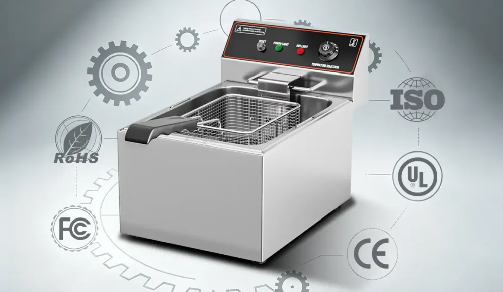 Commercial electric deep fryer manufacturer factory showing certified OEM production process with stainless steel fryer equipment for global buyers