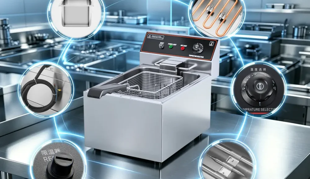 Commercial deep fryer internal components showing heating element, thermostat, and stainless steel structure designed for OEM kitchen load durability