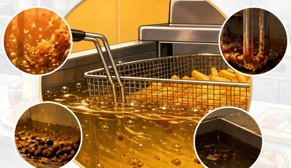 Commercial deep fryer heating element covered with oil sediment and crumb buildup showing maintenance importance in stainless steel fryer manufacturing