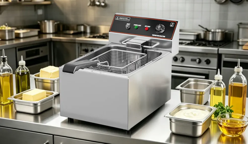 Commercial deep fryer manufacturer China displaying stainless steel electric deep fryer system for restaurants and food businesses comparing olive oil, canola oil and lard frying performance in commercial kitchens