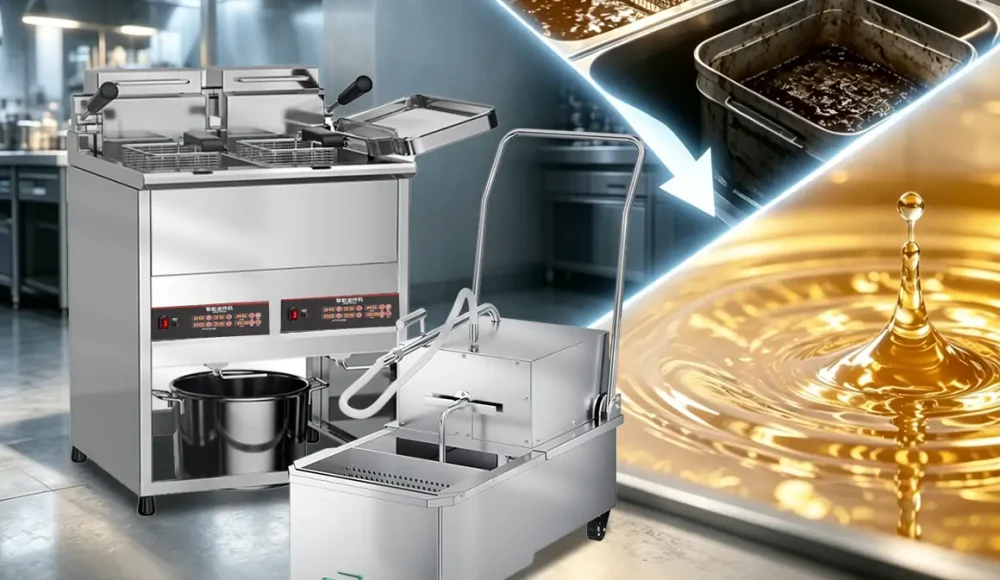 Commercial deep fryer with built-in oil filtration system showing fryer tank heating tube and filtration unit designed for restaurant and OEM manufacturing use