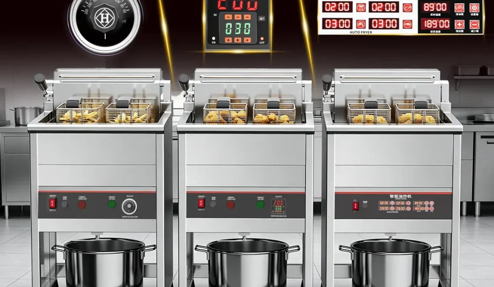 Commercial deep fryer temperature control system showing industrial electric fryer heating stability for restaurant fryer manufacturing in China 2026