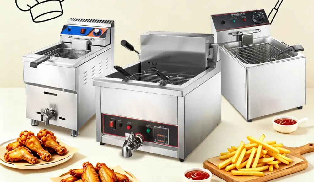Commercial electric deep fryer manufacturer showing stainless steel restaurant fryer equipment for fast food kitchens