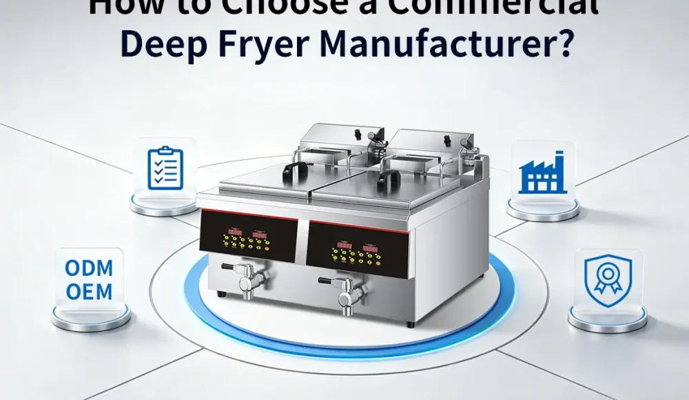 Commercial deep fryer manufacturer in China showing countertop electric fryer production and OEM manufacturing capabilities