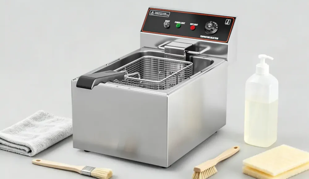 Commercial countertop electric deep fryer cleaning process showing proper stainless steel maintenance by fryer manufacturer