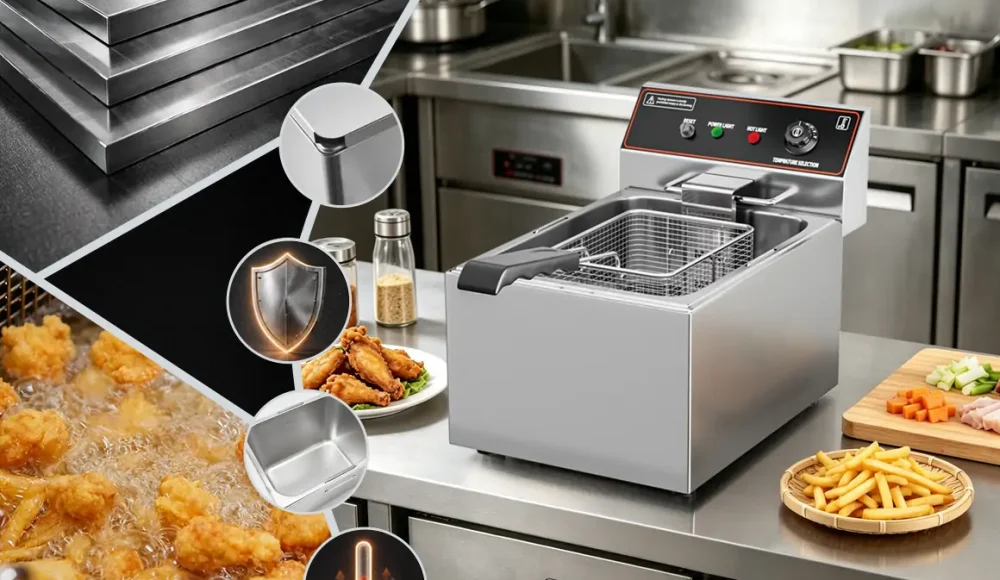 Stainless steel commercial deep fryer manufacturing process showing material thickness comparison in OEM factory by Shangbang fryer manufacturer in China