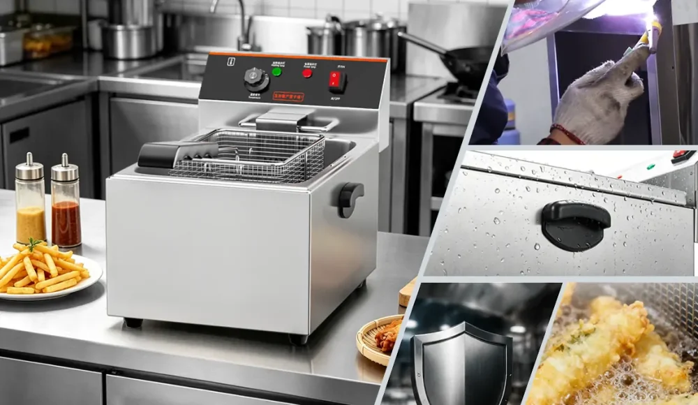Seamless welded stainless steel commercial deep fryer manufacturing process showing polished edge finishing in Shangbang OEM fryer factory China