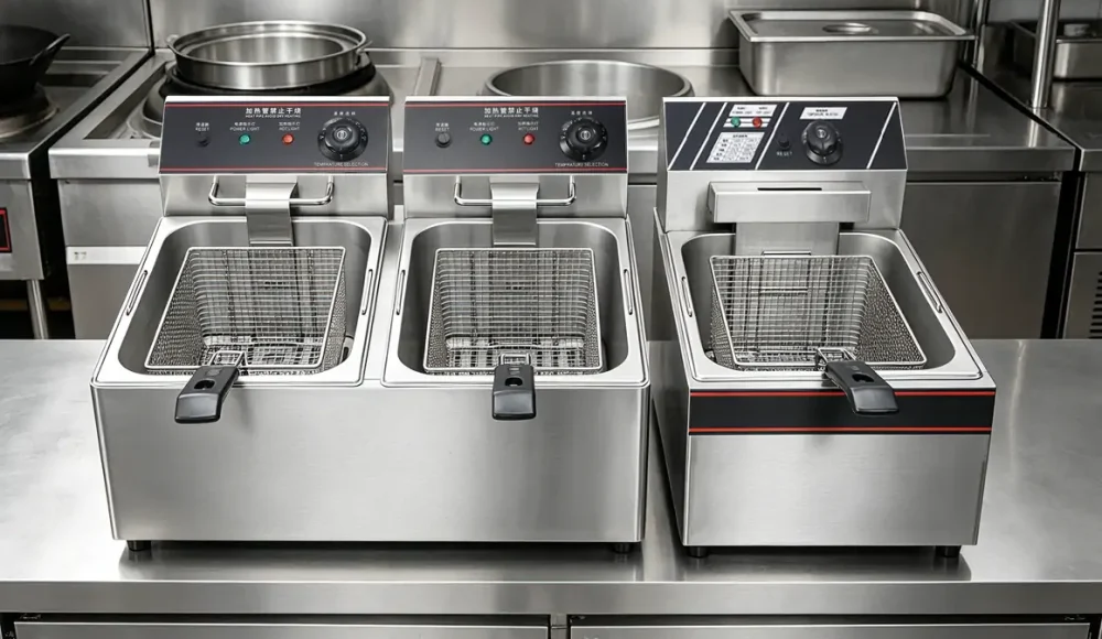 Commercial electric deep fryer for restaurant kitchens showing different fryer sizes for fast food and commercial cooking operations